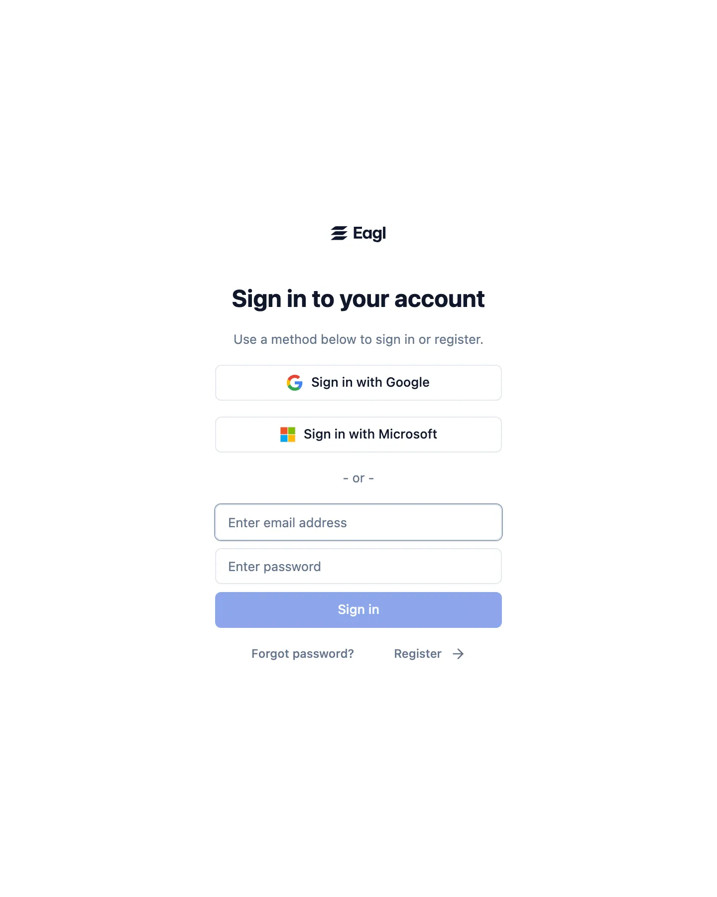 The Eagl sign-in page, with Google, Microsoft, and email options.