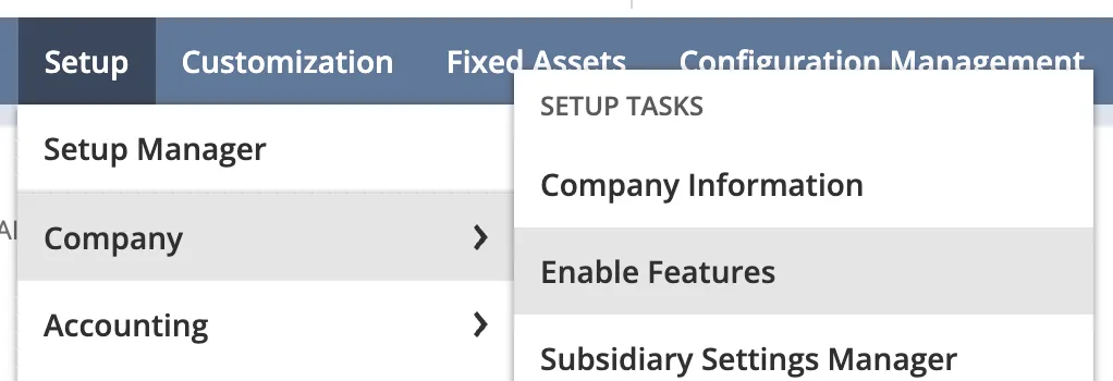 The Setup menu path to Enable Features in NetSuite.