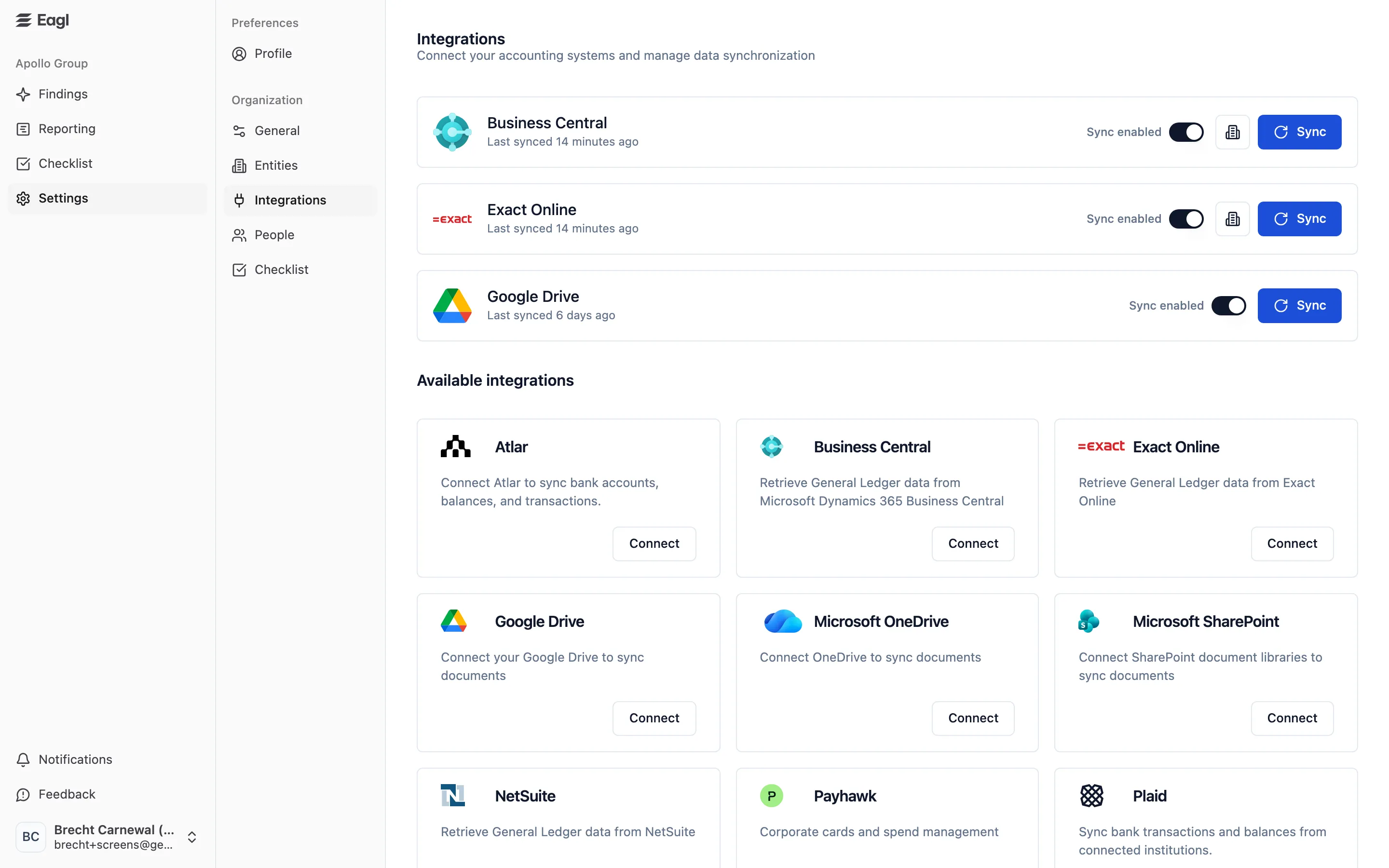 The Eagl integrations settings page with the Business Central Connect button.