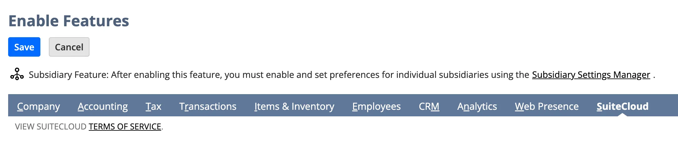 The SuiteCloud tab on the Enable Features page.