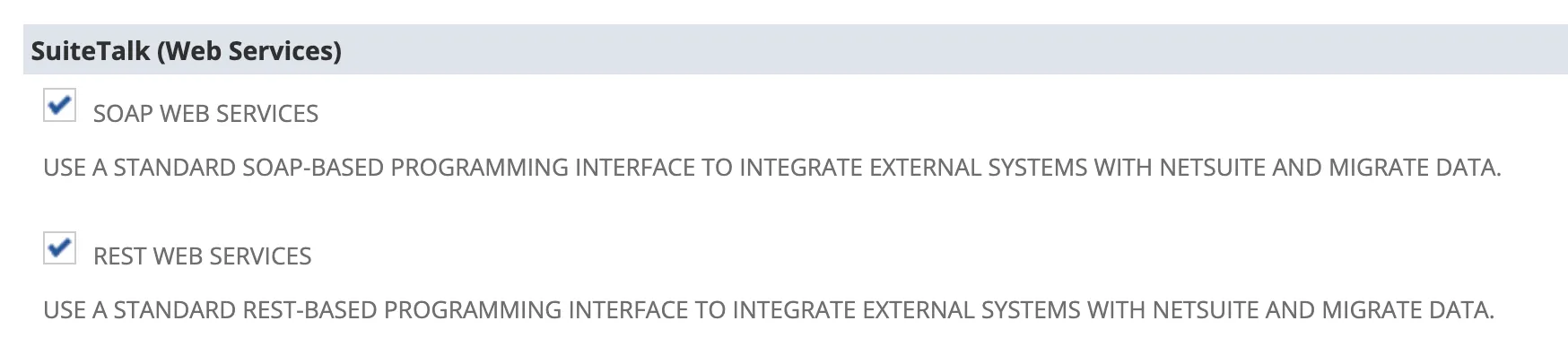 The SuiteTalk (Web Services) section with REST and SOAP Web Services toggled on.