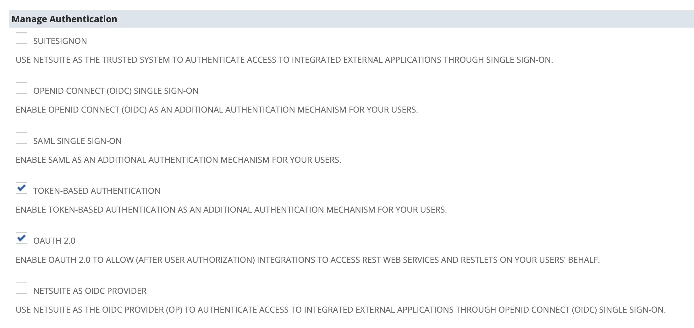 The Manage Authentication section with Token-Based Authentication enabled.