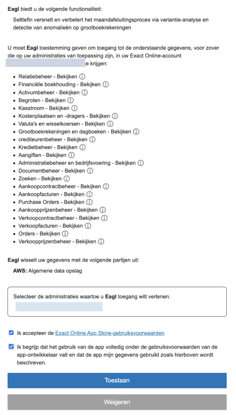 Exact Online's consent screen listing the access Eagl requests, with Accept and Deny buttons.