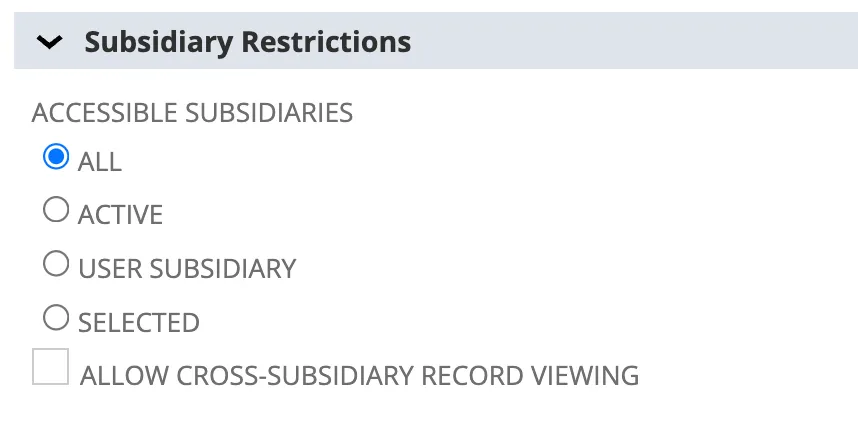 Selecting the subsidiaries accessible to the integration role.