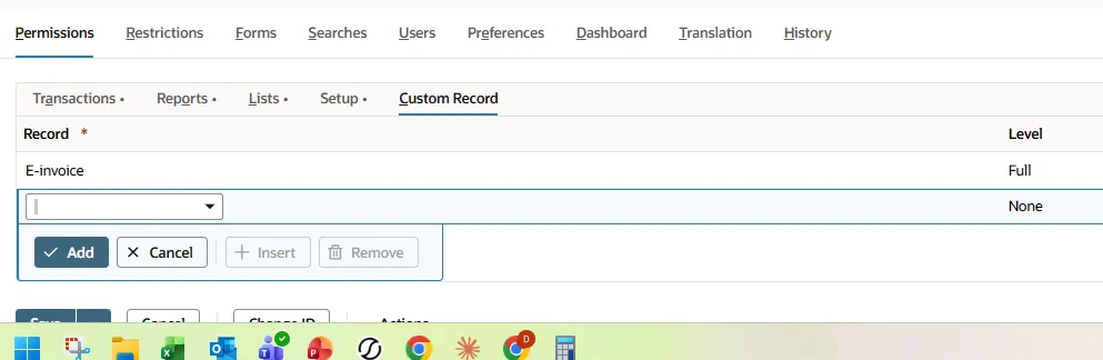 A custom record permission set to Full access on the integration role.