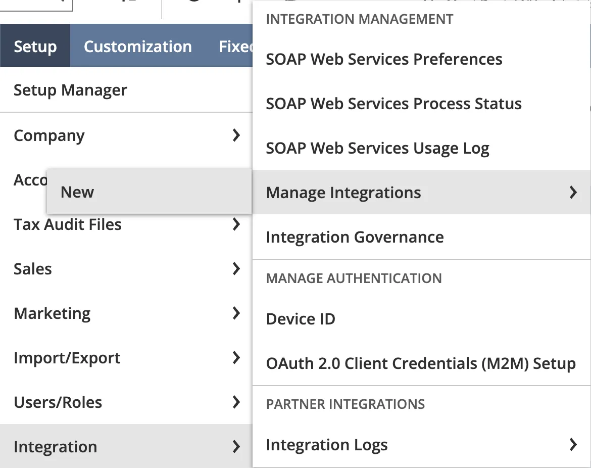Creating a new integration record under Manage Integrations.