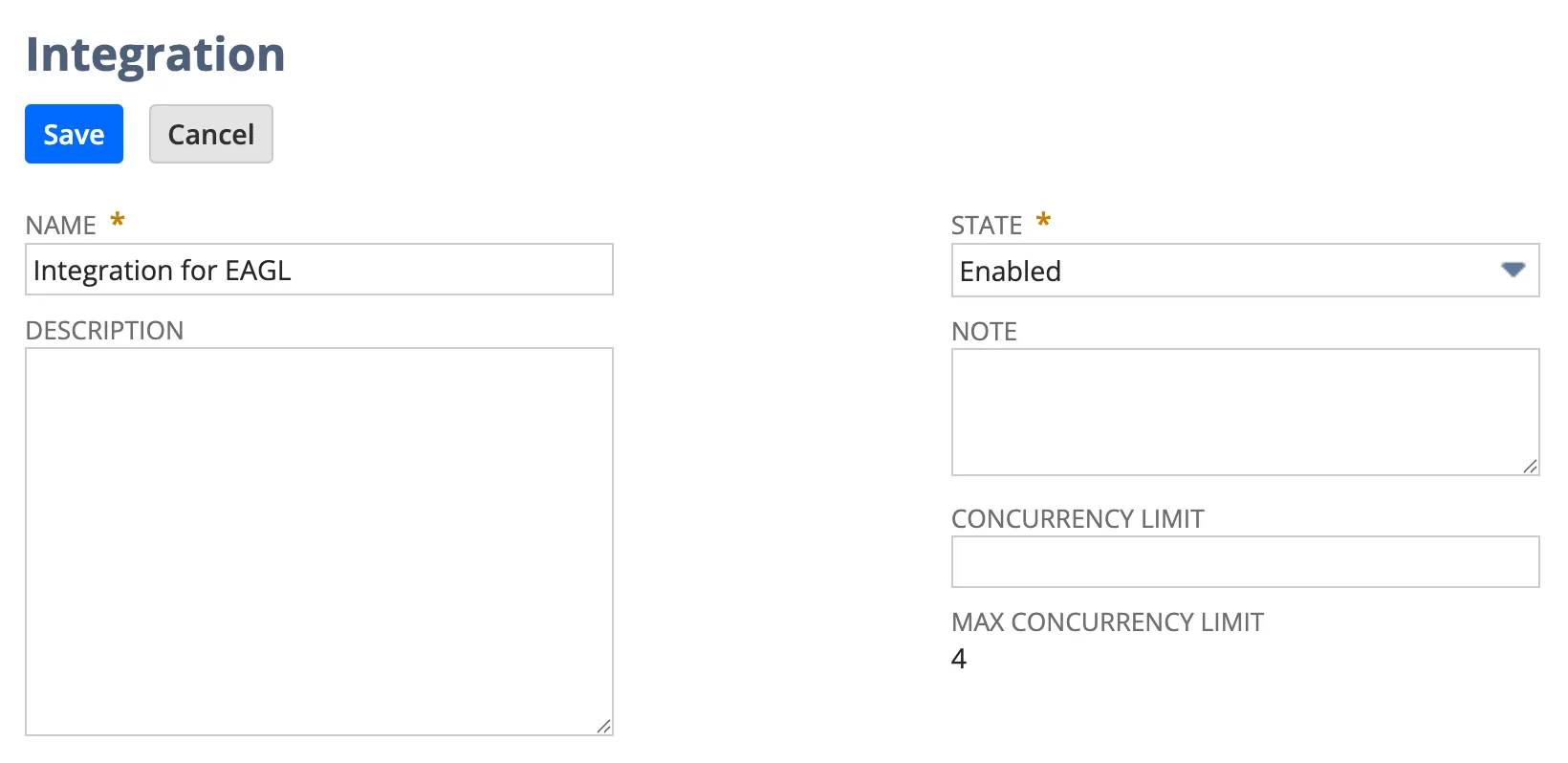 The integration record with a name entered and State set to Enabled.