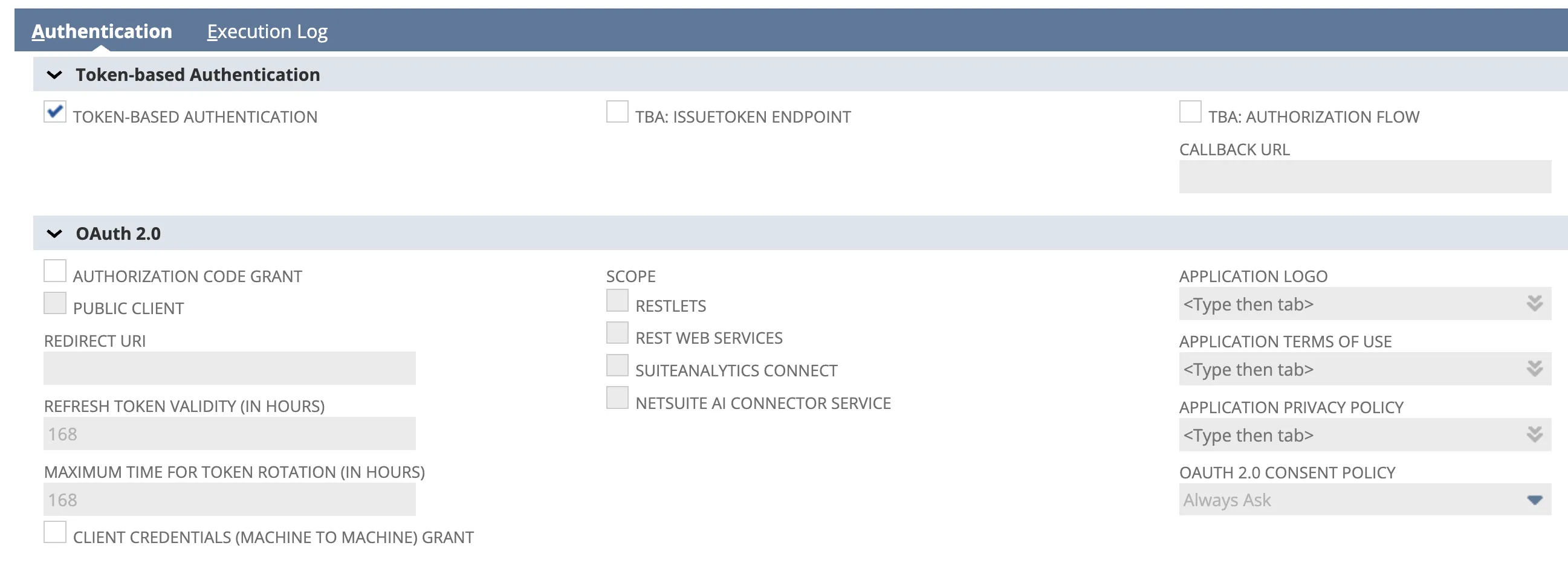The Authentication tab with Token-Based Authentication enabled and the OAuth flows left off.