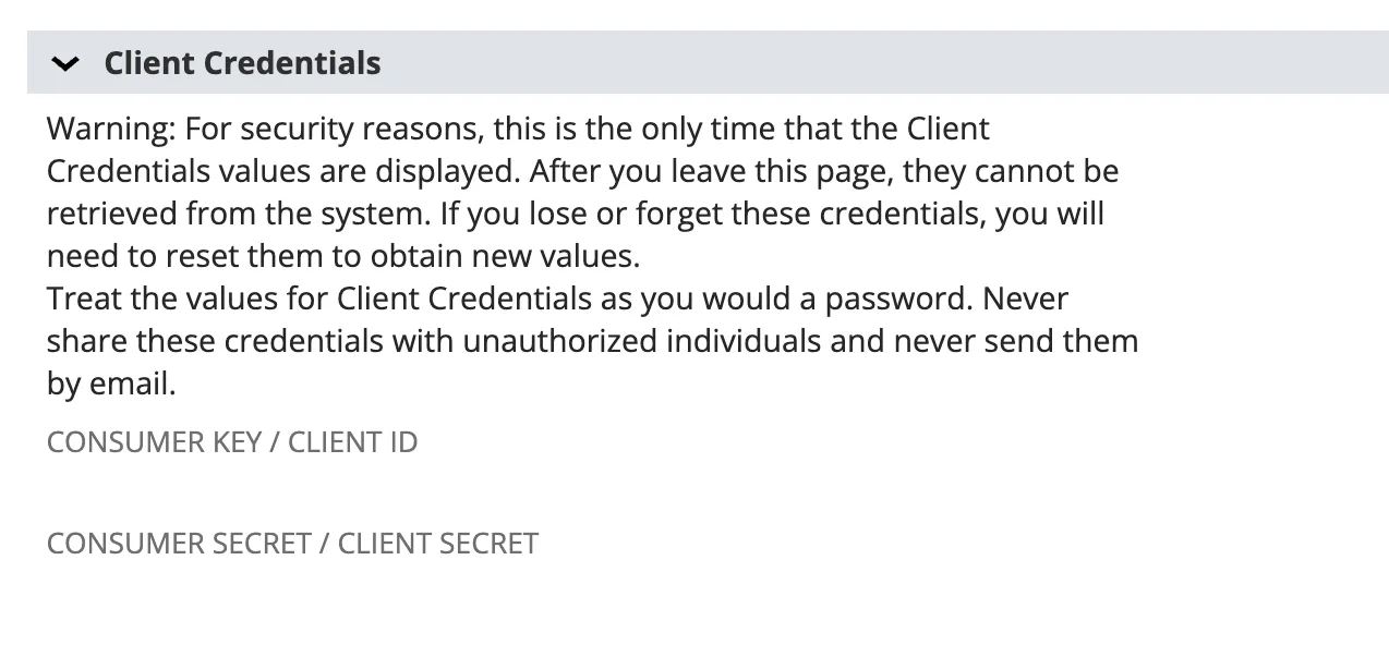 The Consumer Key and Consumer Secret shown once at the bottom of the saved integration record.