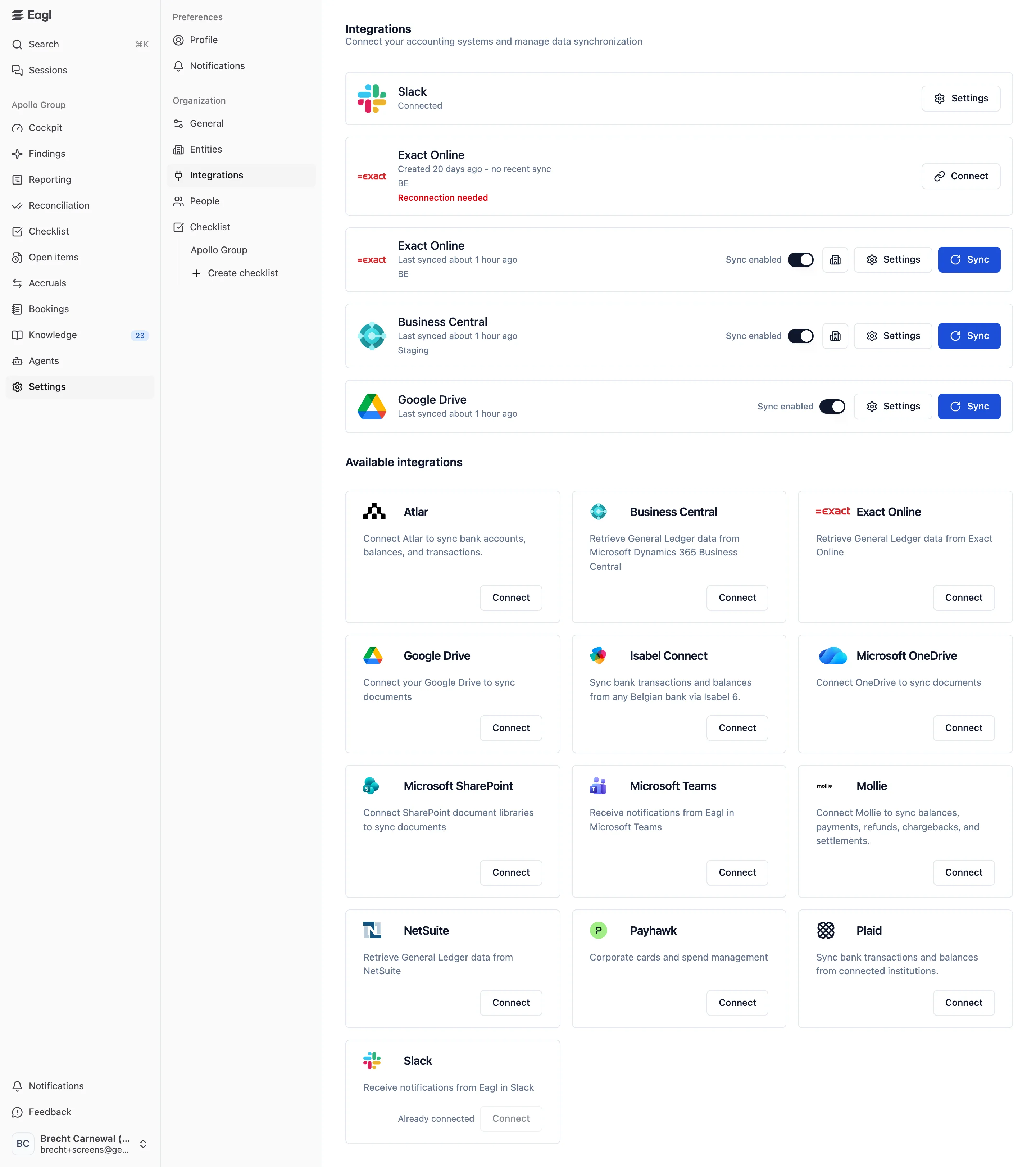 The Eagl integrations settings page with the NetSuite Connect button.