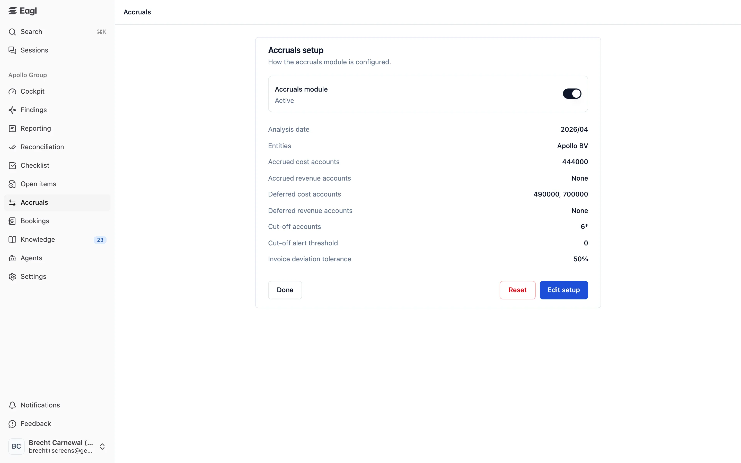 The Accruals setup overview: the Accruals module switch and a summary of the configured entities, accounts, threshold, and tolerance.