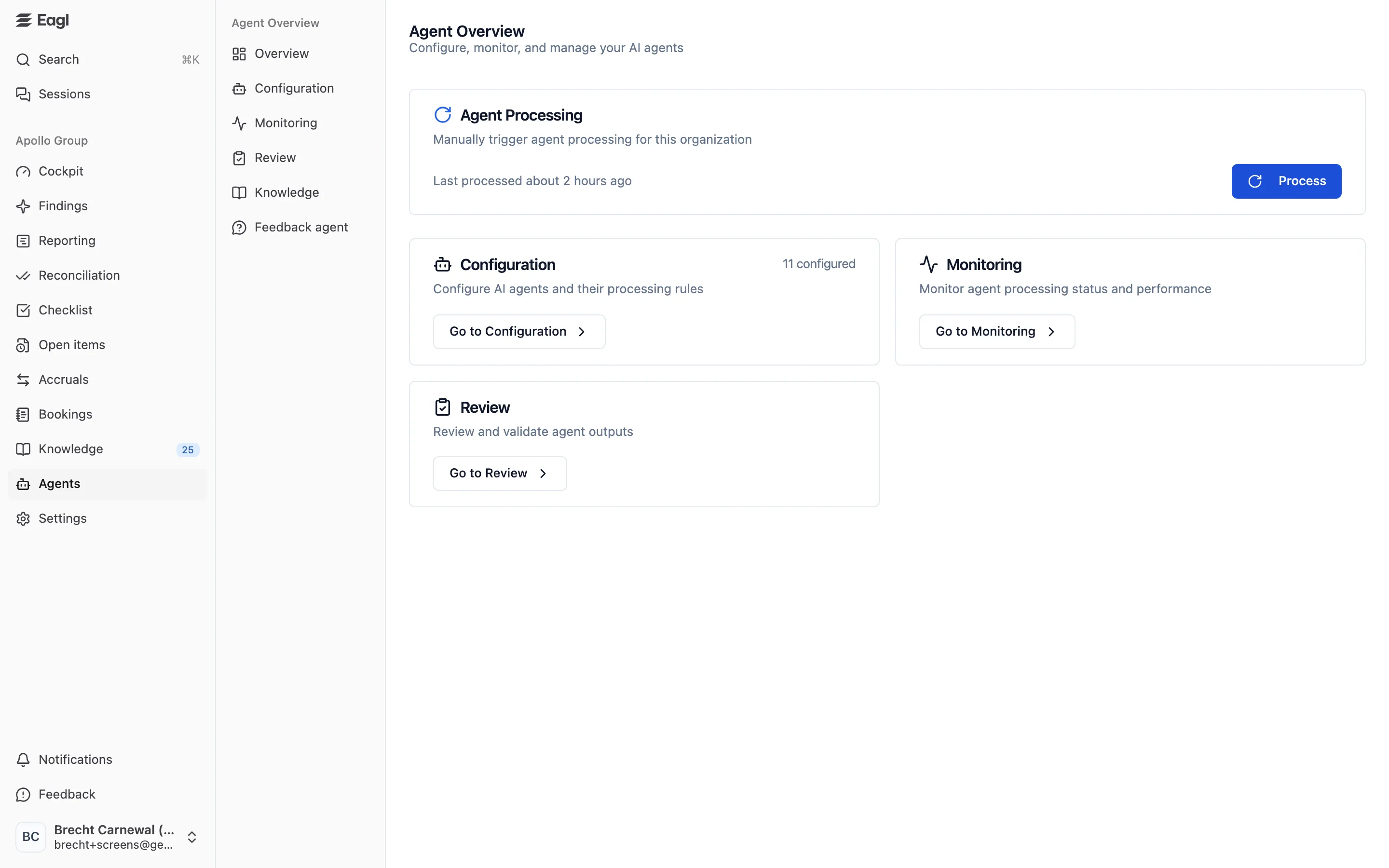 The Agents overview, with the Agent Processing card and links to Configuration, Monitoring, and Review.