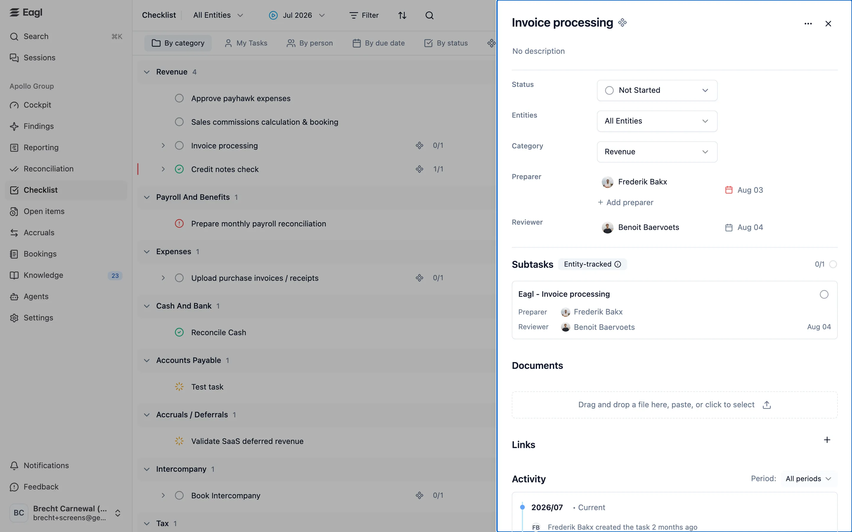 A checklist task's side panel: status, entities, category, preparer and reviewer with due dates, entity-tracked subtasks, documents, and activity.