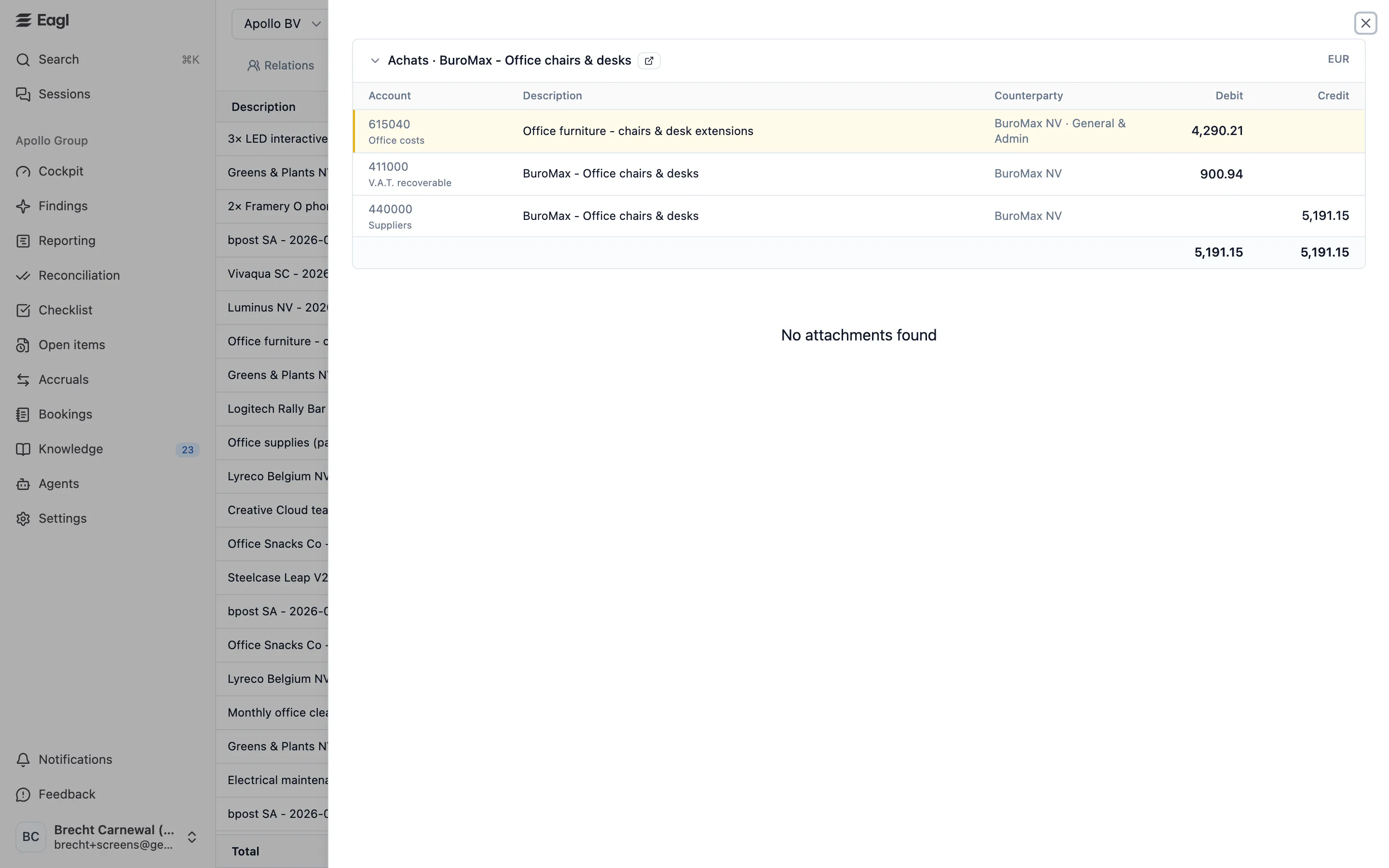 The journal entry panel opened from a drill-down transaction, with the selected line highlighted.