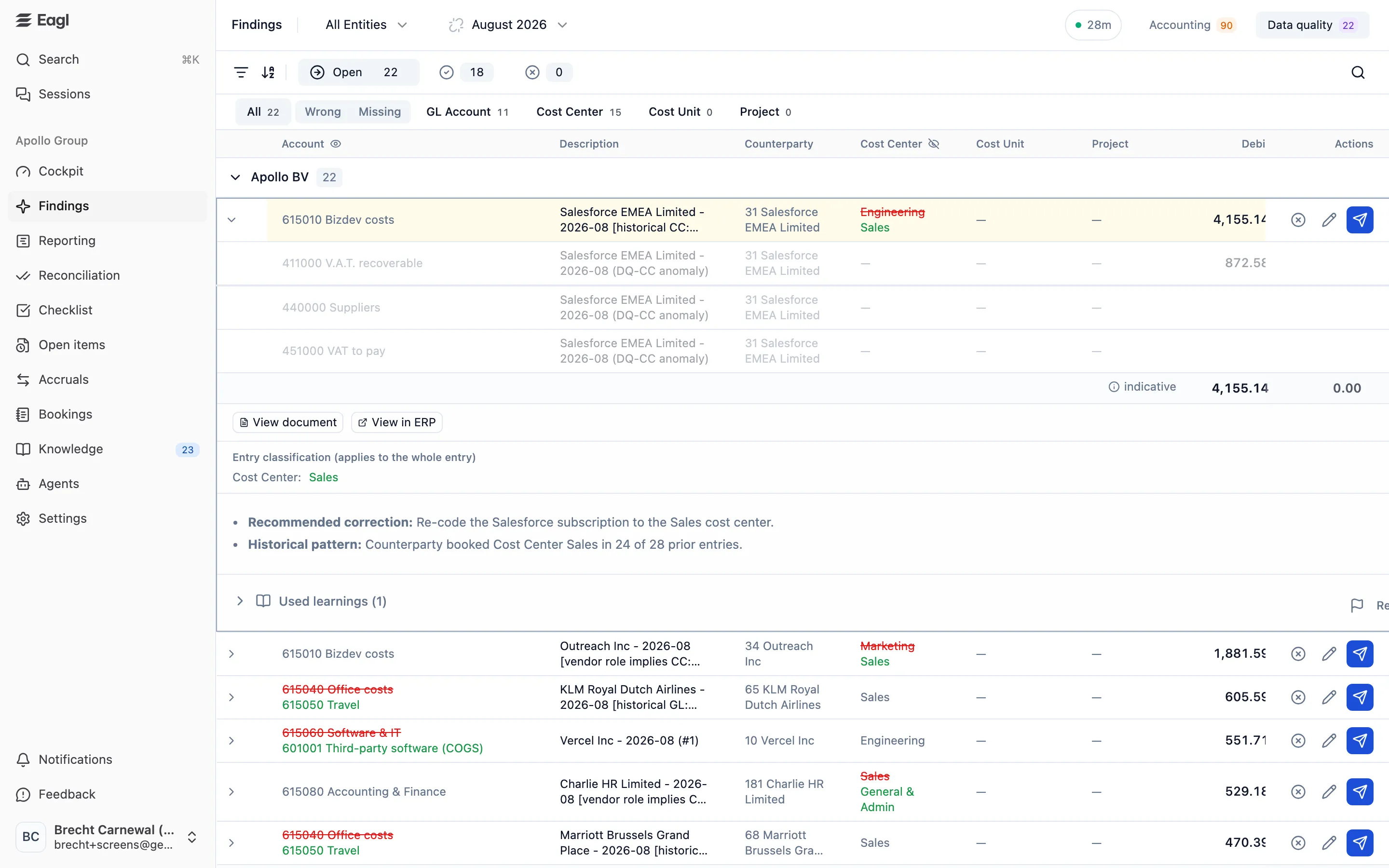 The Data quality tab with an entry expanded: the current cost center struck through, the proposed one, and the recommended correction.