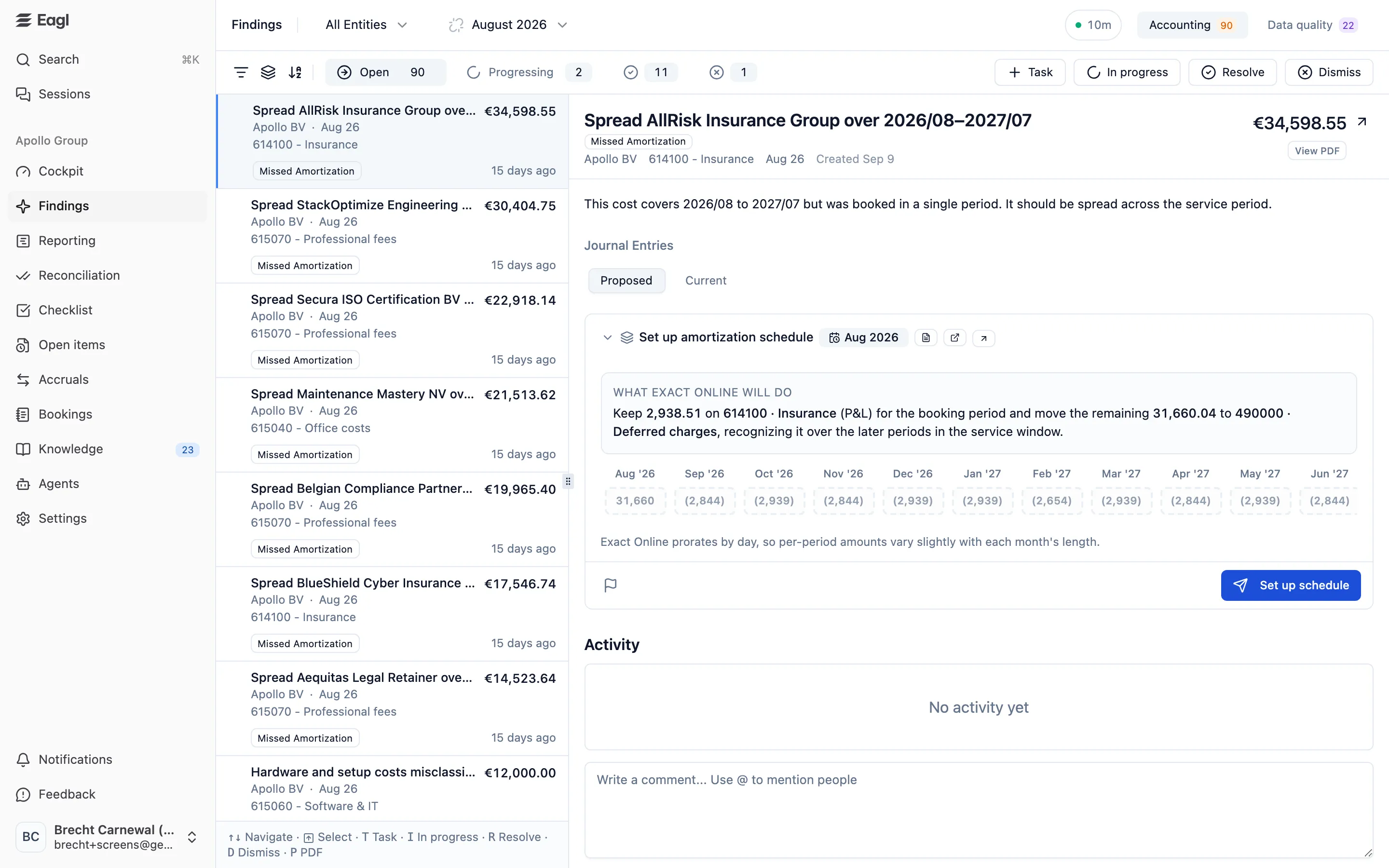 The Eagl findings inbox: a list of findings on the left and the selected finding's analysis and proposed correction on the right.