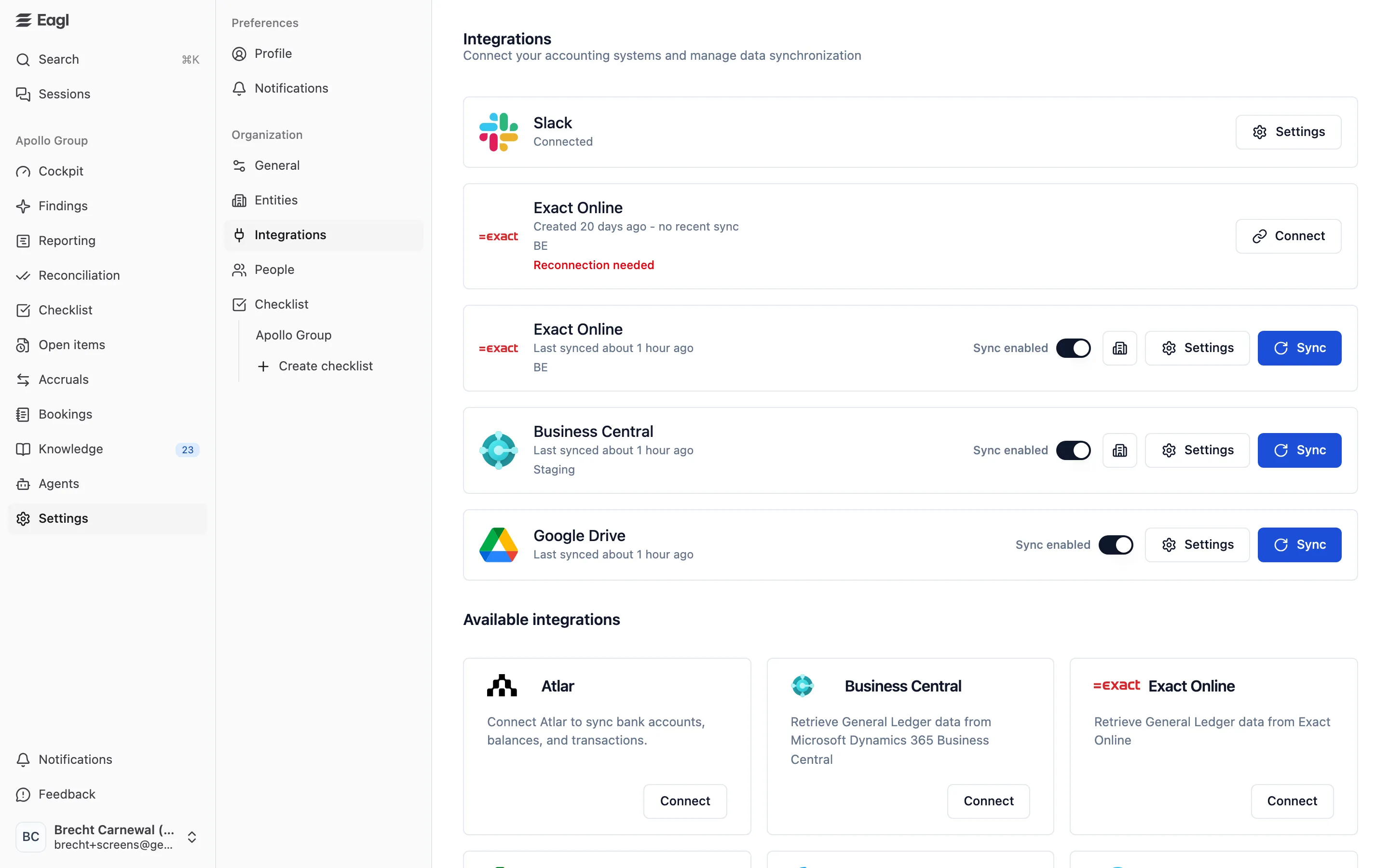Settings → Integrations: connected integrations with their sync status, Sync enabled switch, Settings, and Sync, above the catalog of available integrations.
