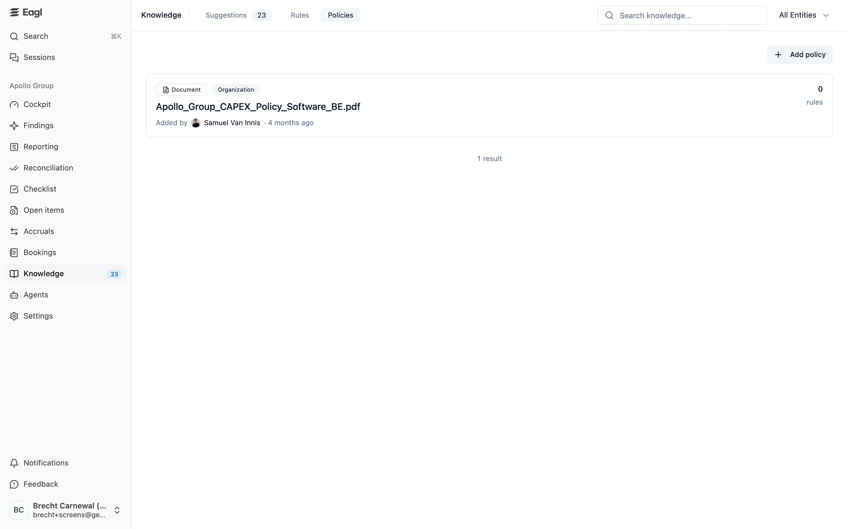 Eagl Knowledge, Policies tab: an uploaded policy document with its scope, author, and the number of rules created from it.
