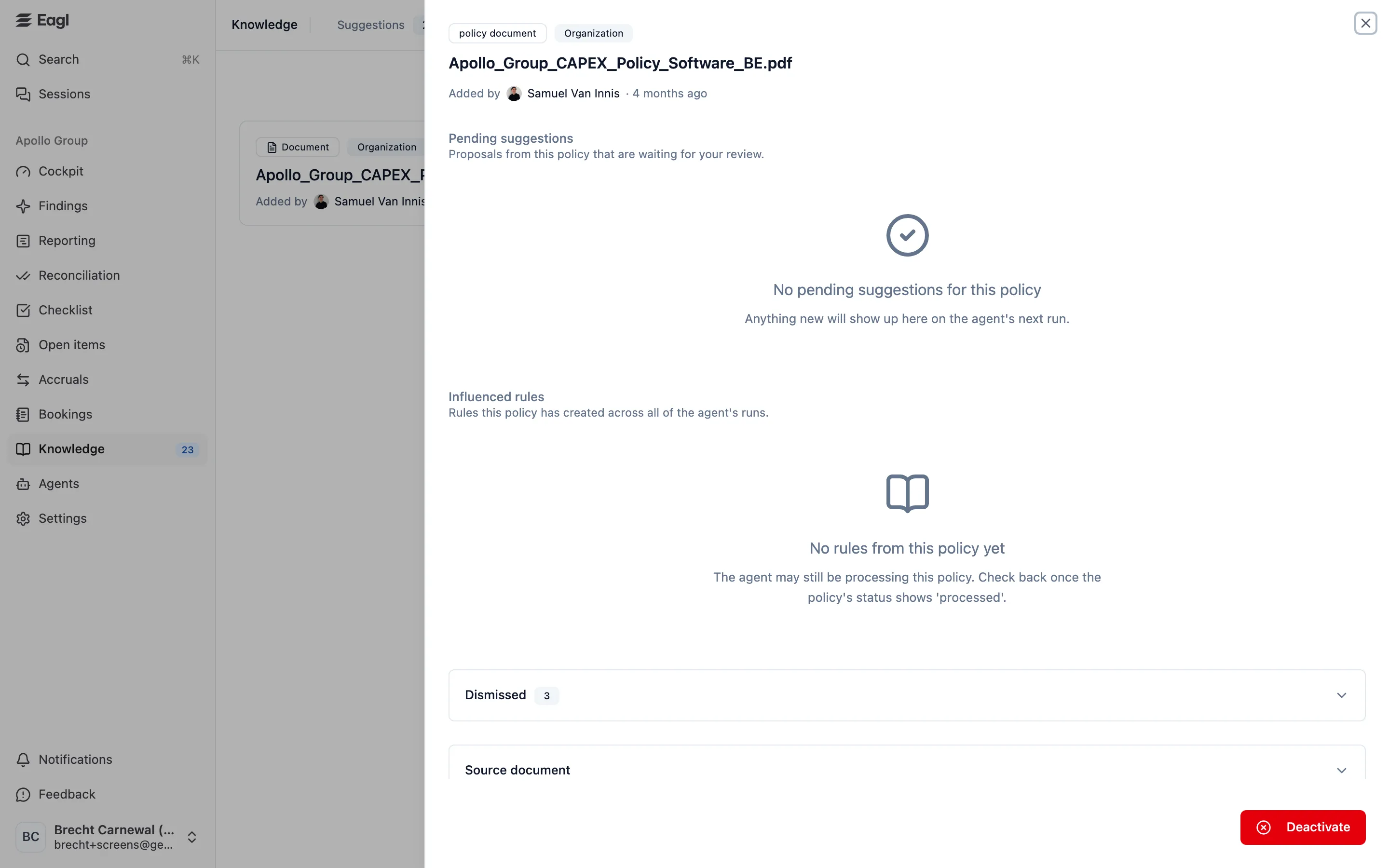 A policy's detail sheet: pending suggestions, influenced rules, dismissed suggestions, and the source document.