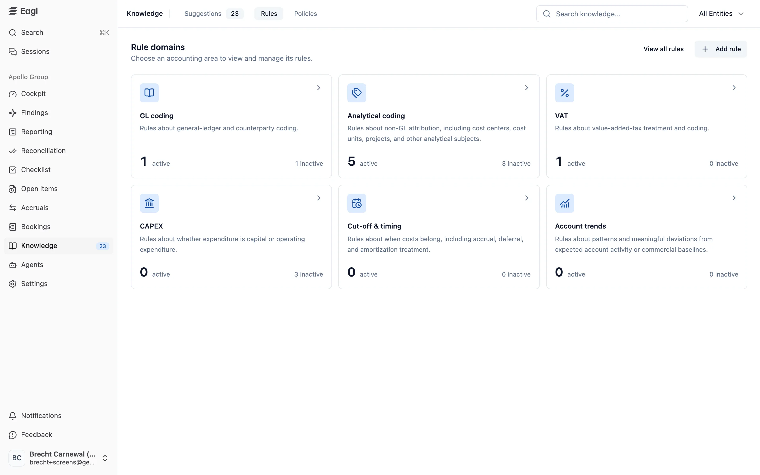 Eagl Knowledge, Rules tab: the Rule domains overview with active and inactive rule counts per domain.