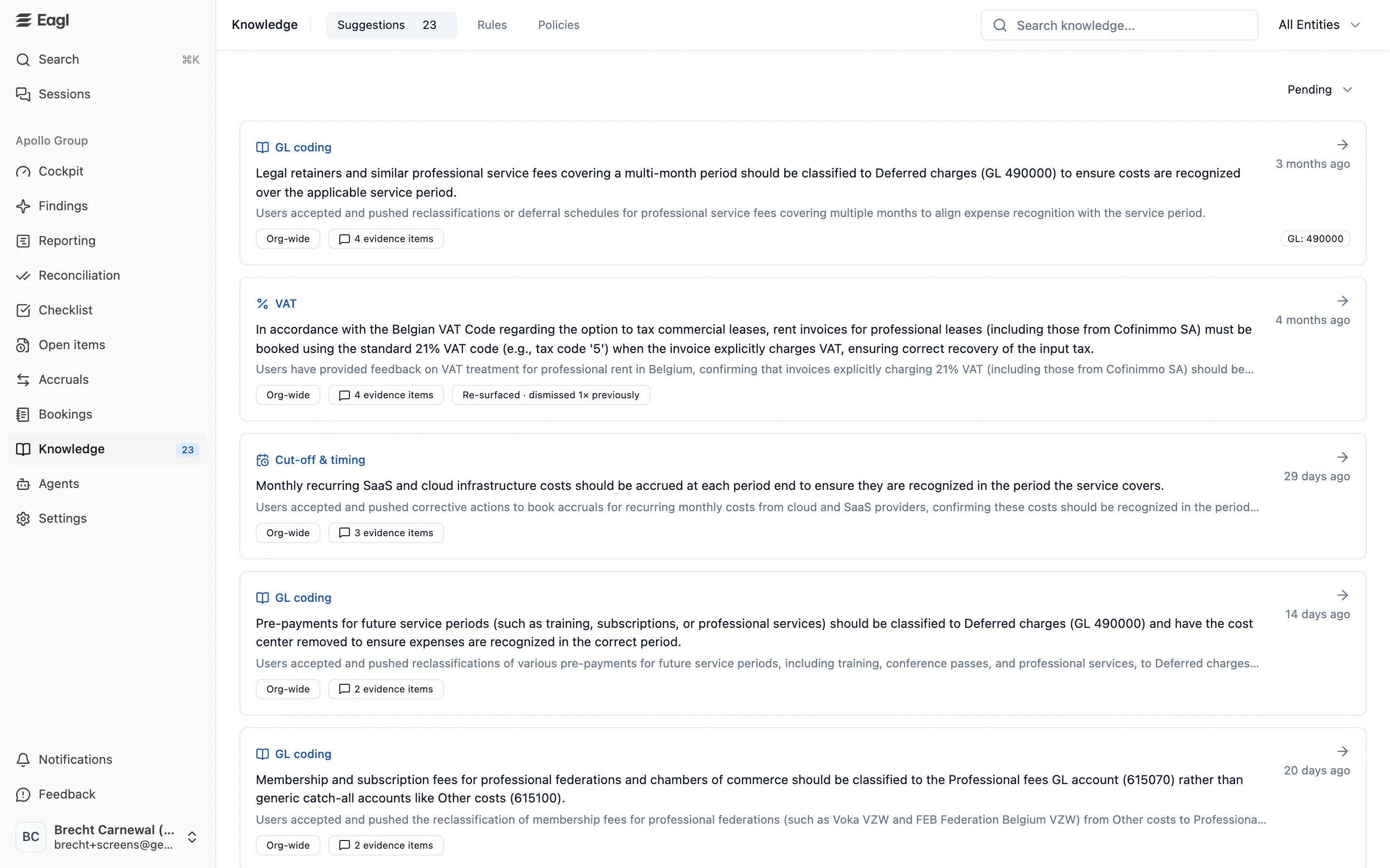 Eagl Knowledge, Suggestions tab: pending rule suggestions with their domain, scope, and evidence count.