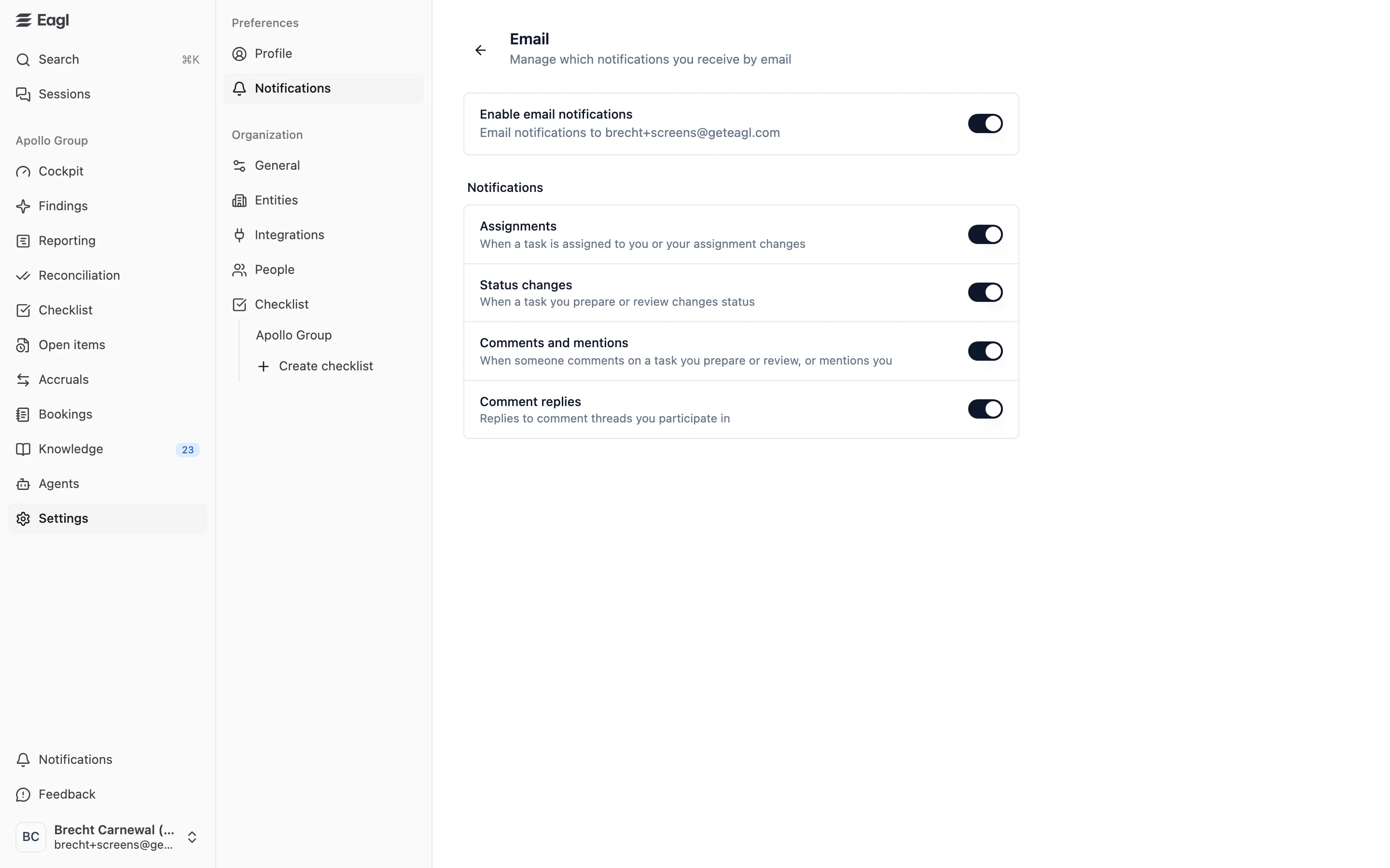 Settings → Notifications → Email: the switch for email notifications and one switch per notification type.