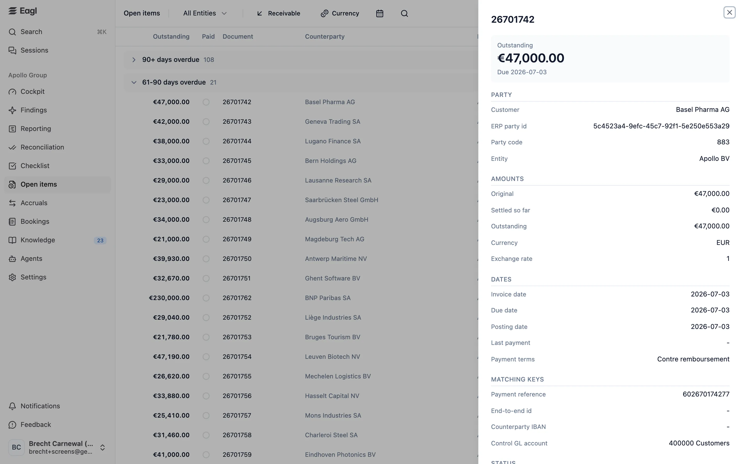 The detail panel for an open receivable: outstanding amount, party, amounts, dates, and matching keys.