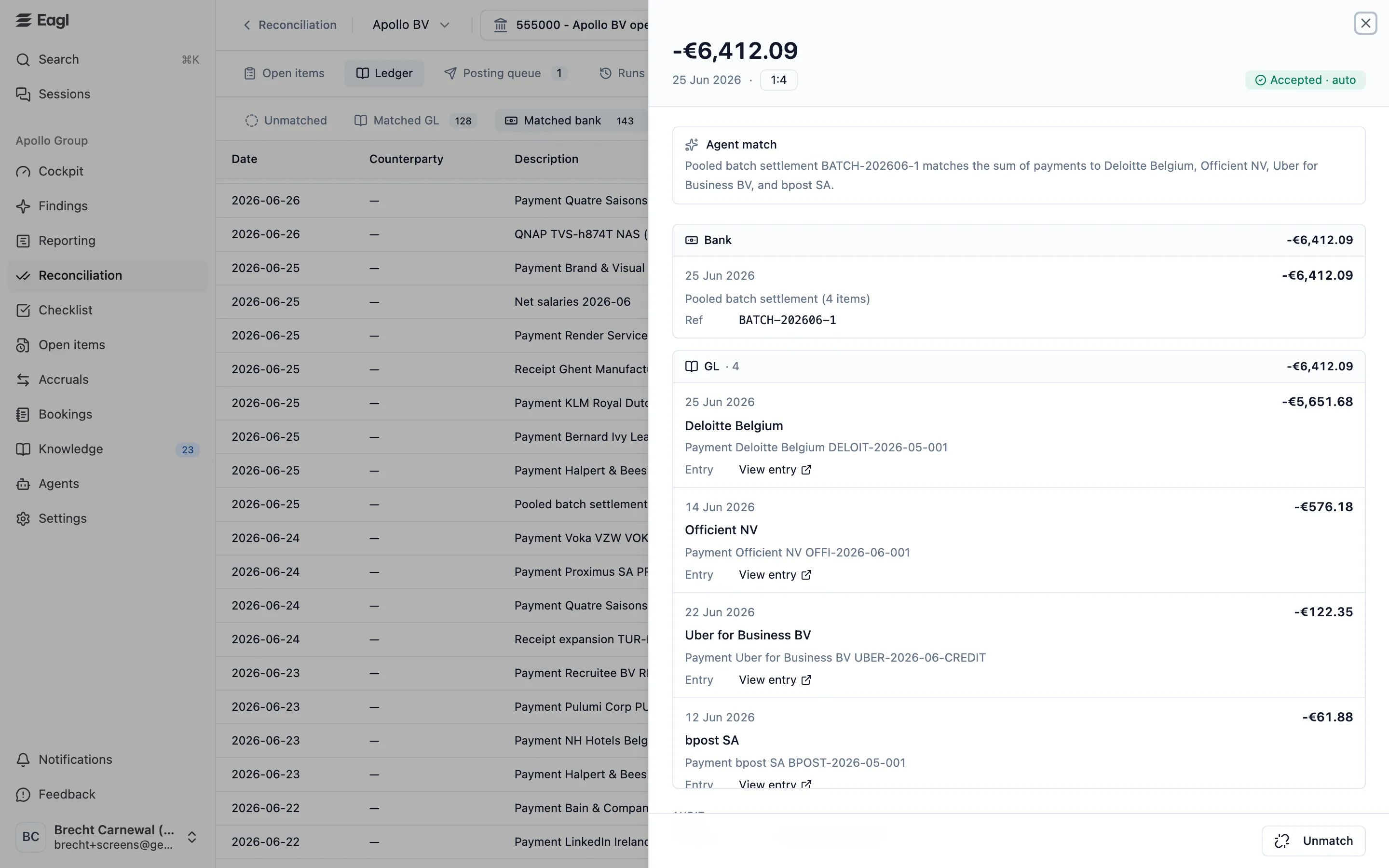 The matching workspace with an agent match open: the agent's reasoning, the bank transaction, and the four GL entries it matches.