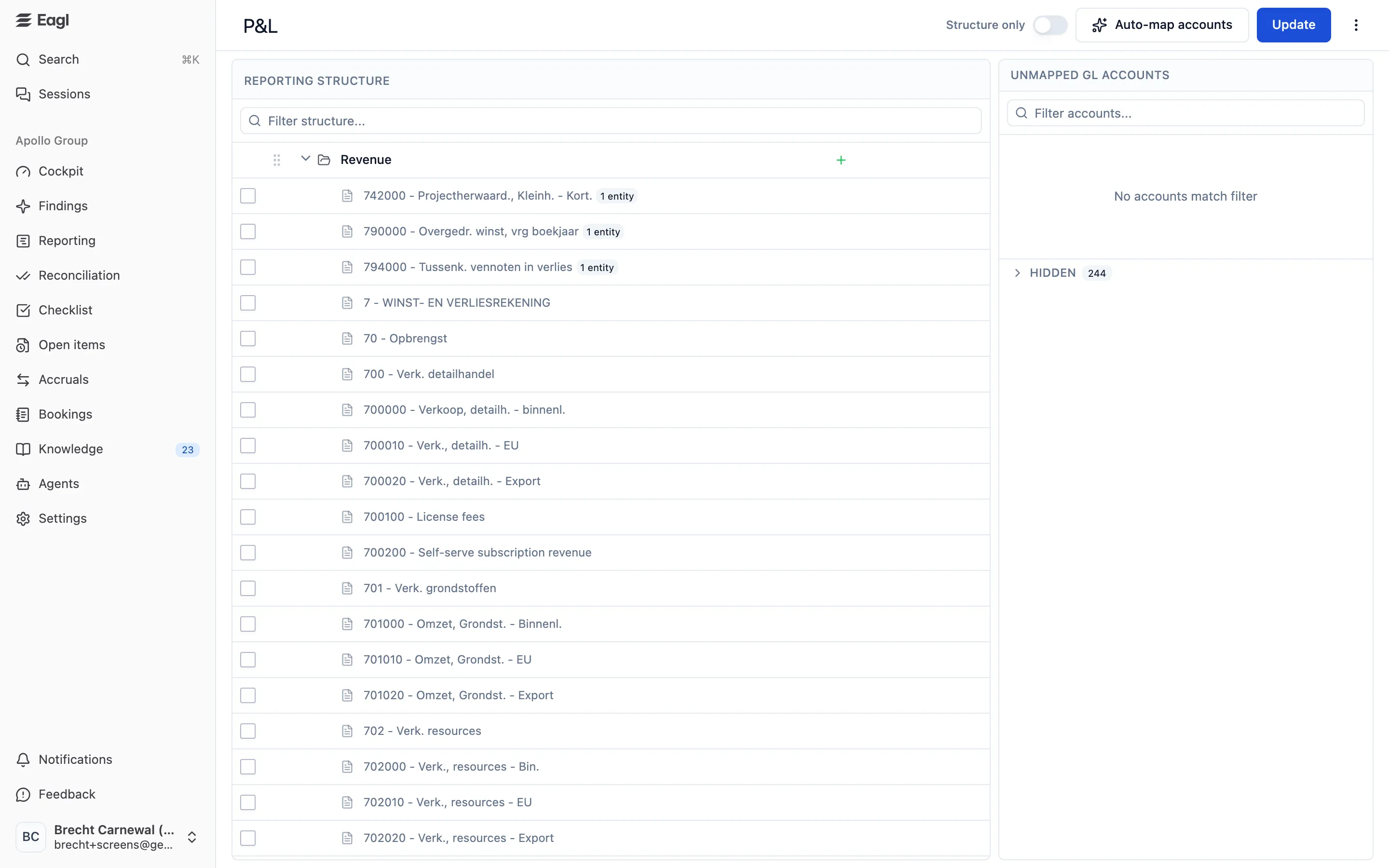 The Reporting Builder for the P&L: the reporting structure tree on the left and unmapped GL accounts on the right.