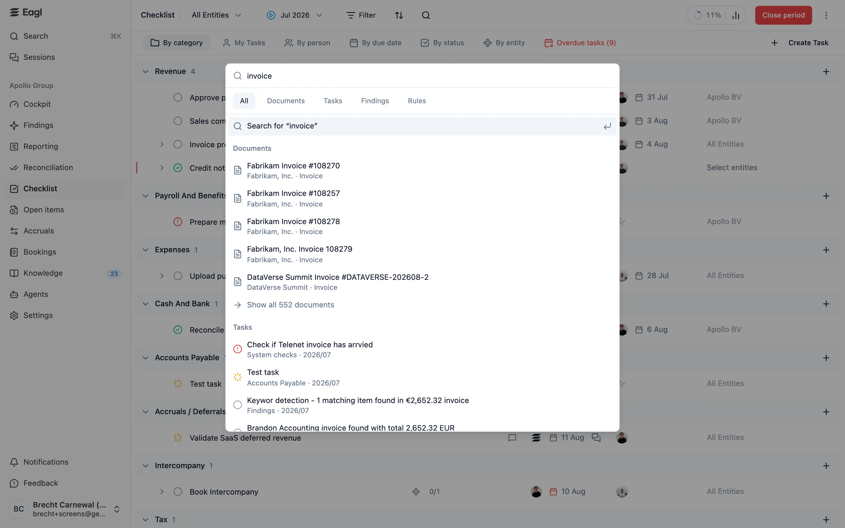 The ⌘K search palette with results for "invoice", grouped into documents and tasks.