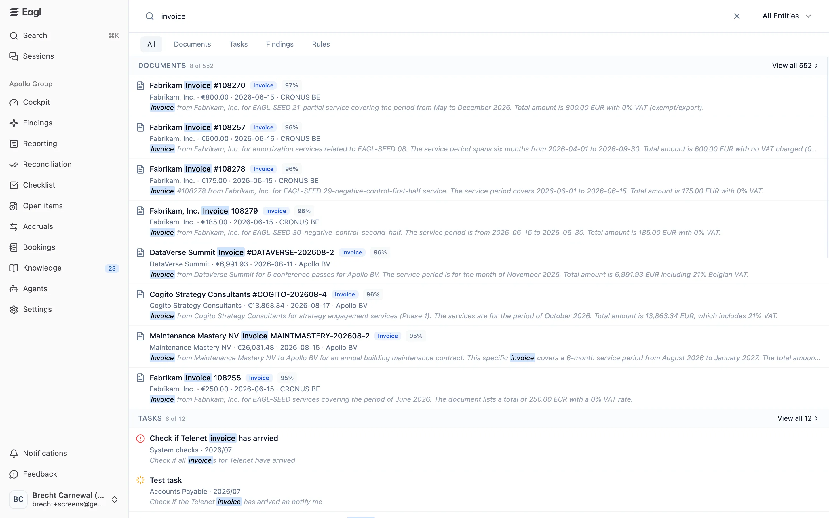 The Eagl search page for "invoice": documents with type badges and relevance scores, followed by matching checklist tasks.