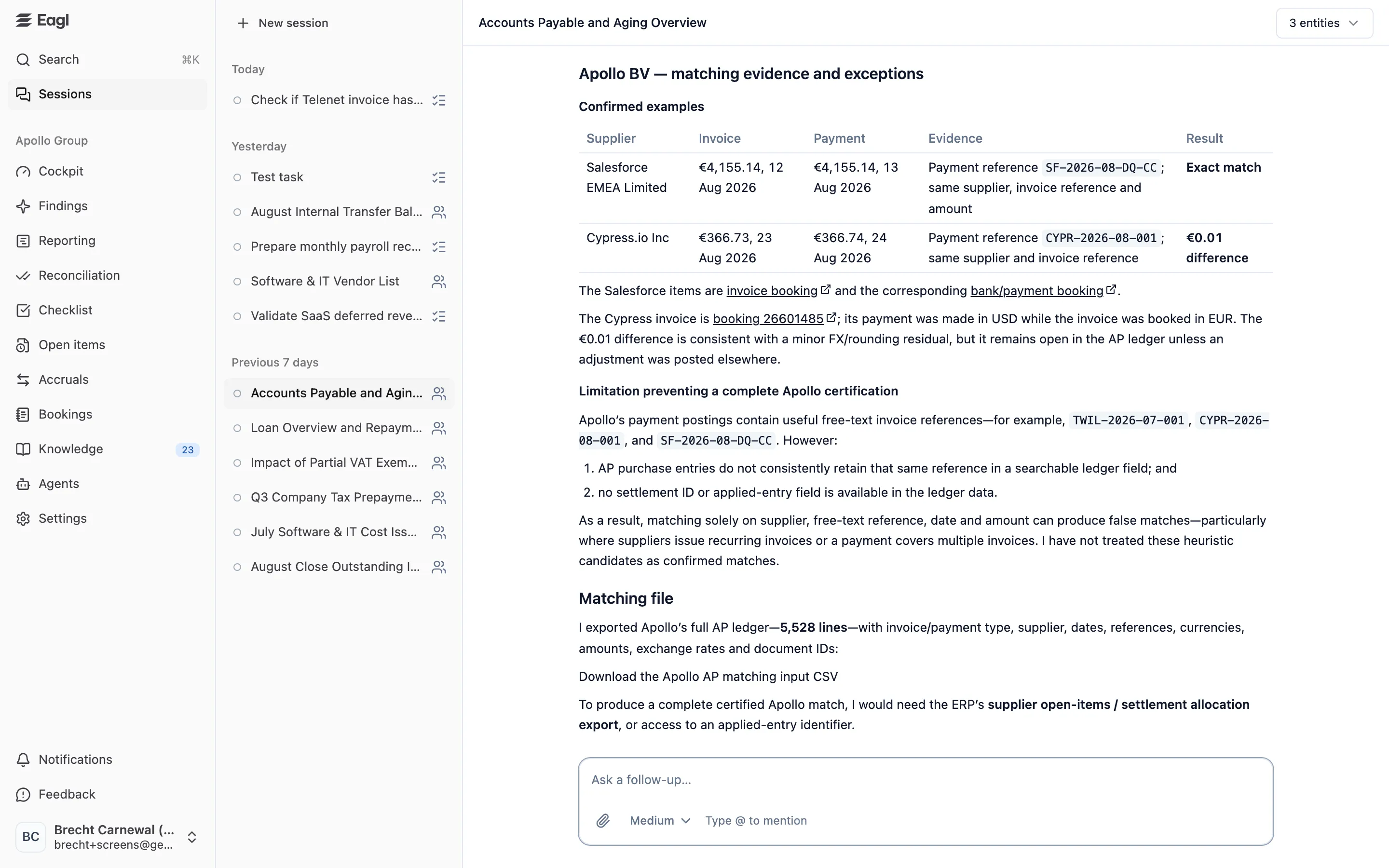 An answer in a session, with a table of matched examples and explanations of the evidence.