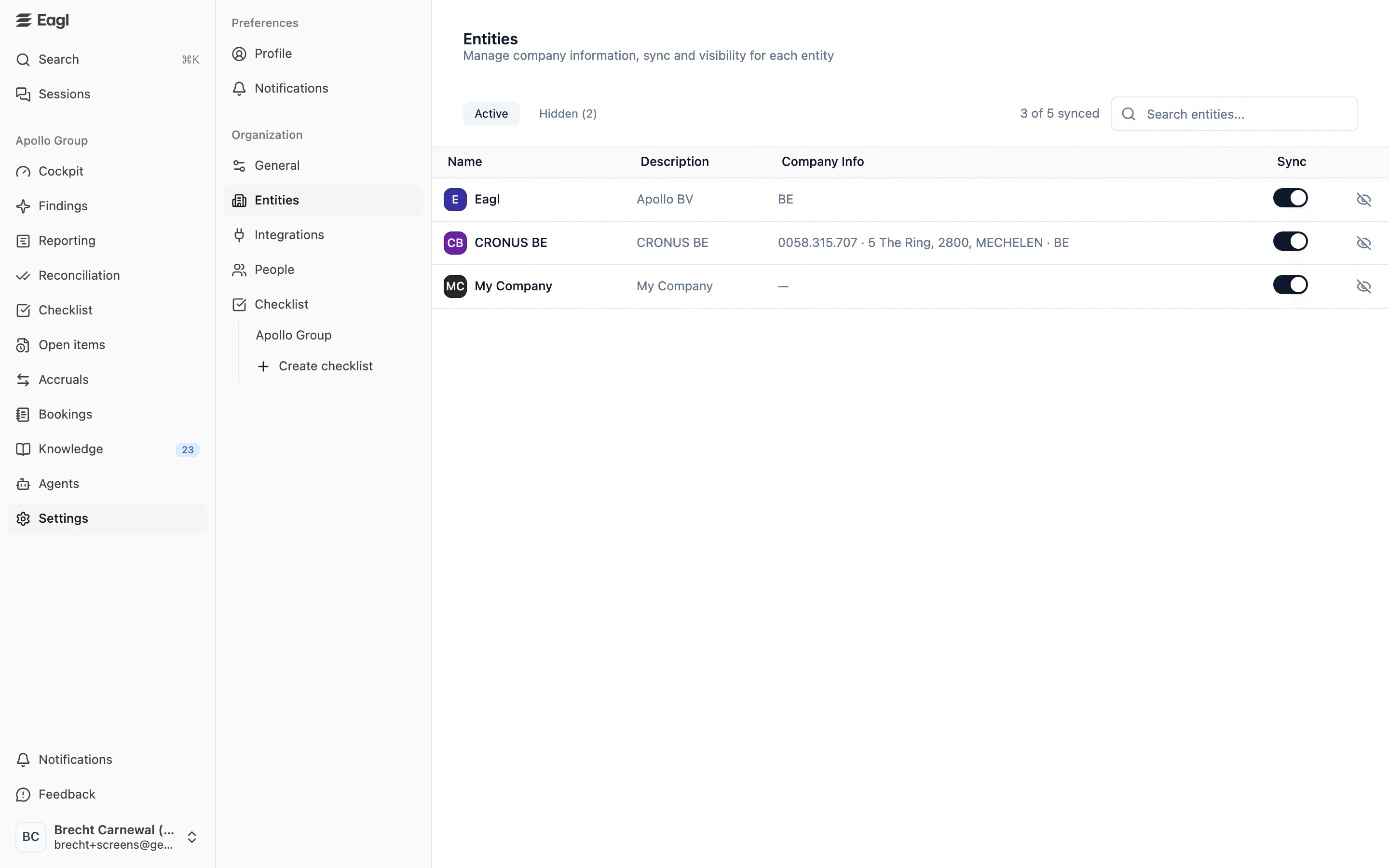 Settings → Entities: the active entities with their description, company info, and Sync switch.