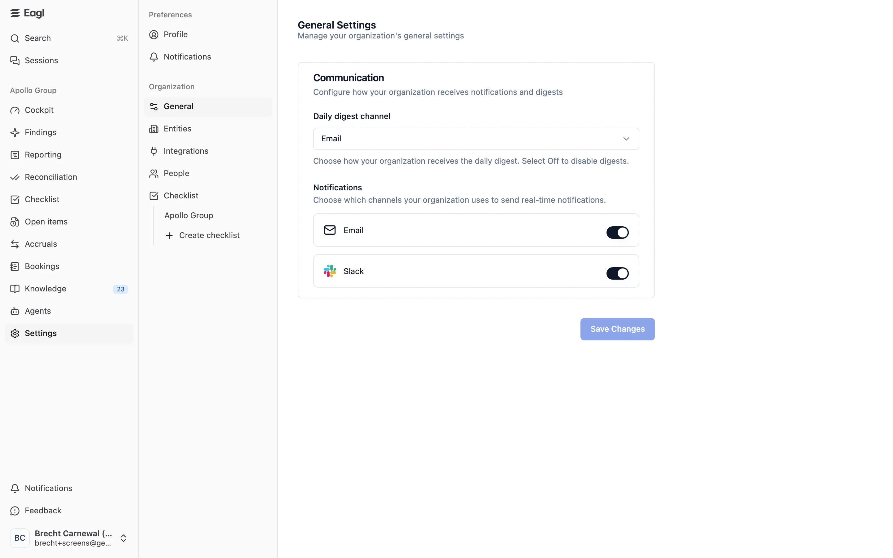 Settings → General: the Communication card with the daily digest channel and the organization's notification channels.
