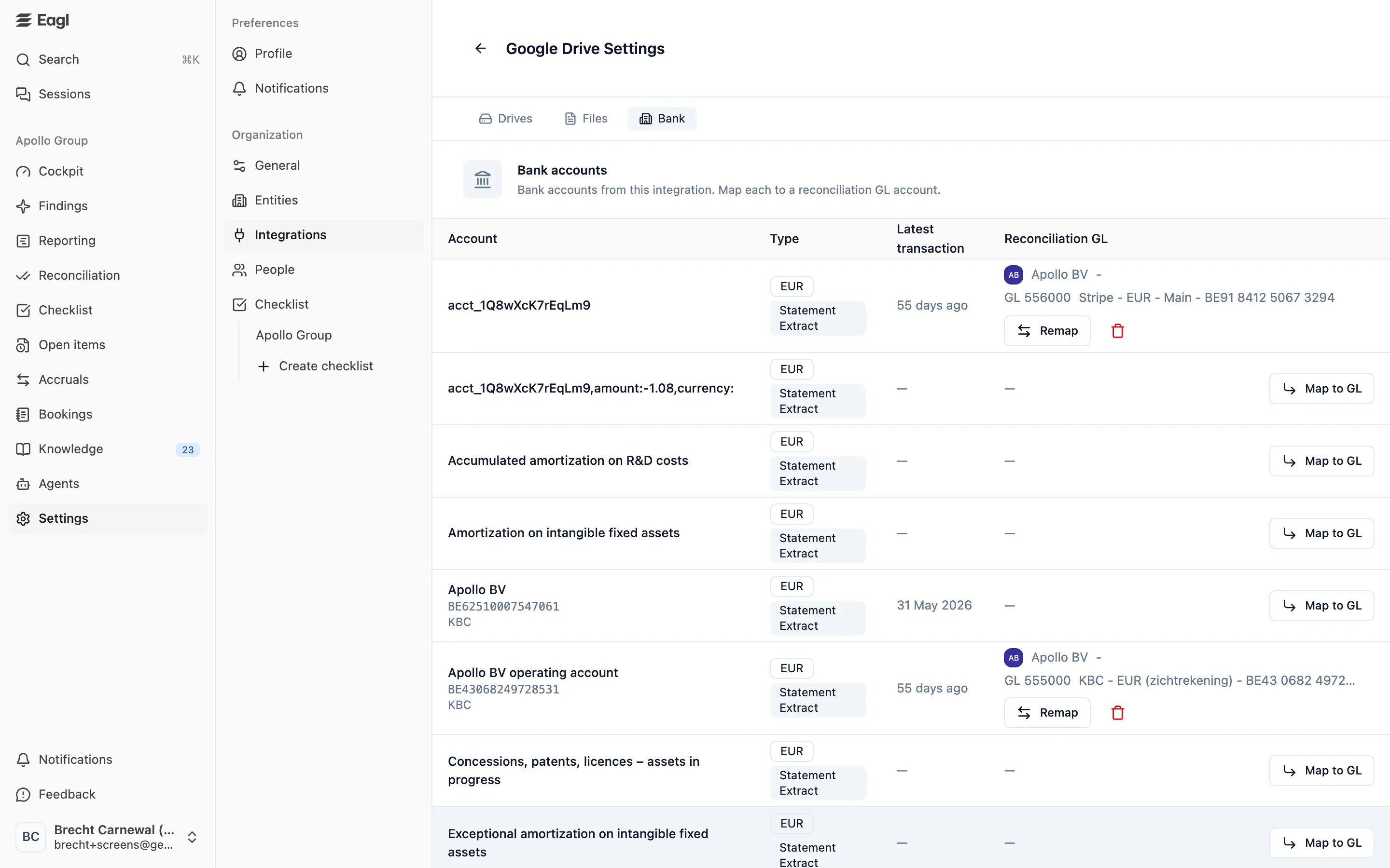A Google Drive integration's Bank tab: bank accounts found in statement files, with their reconciliation GL account or a Map to GL button.