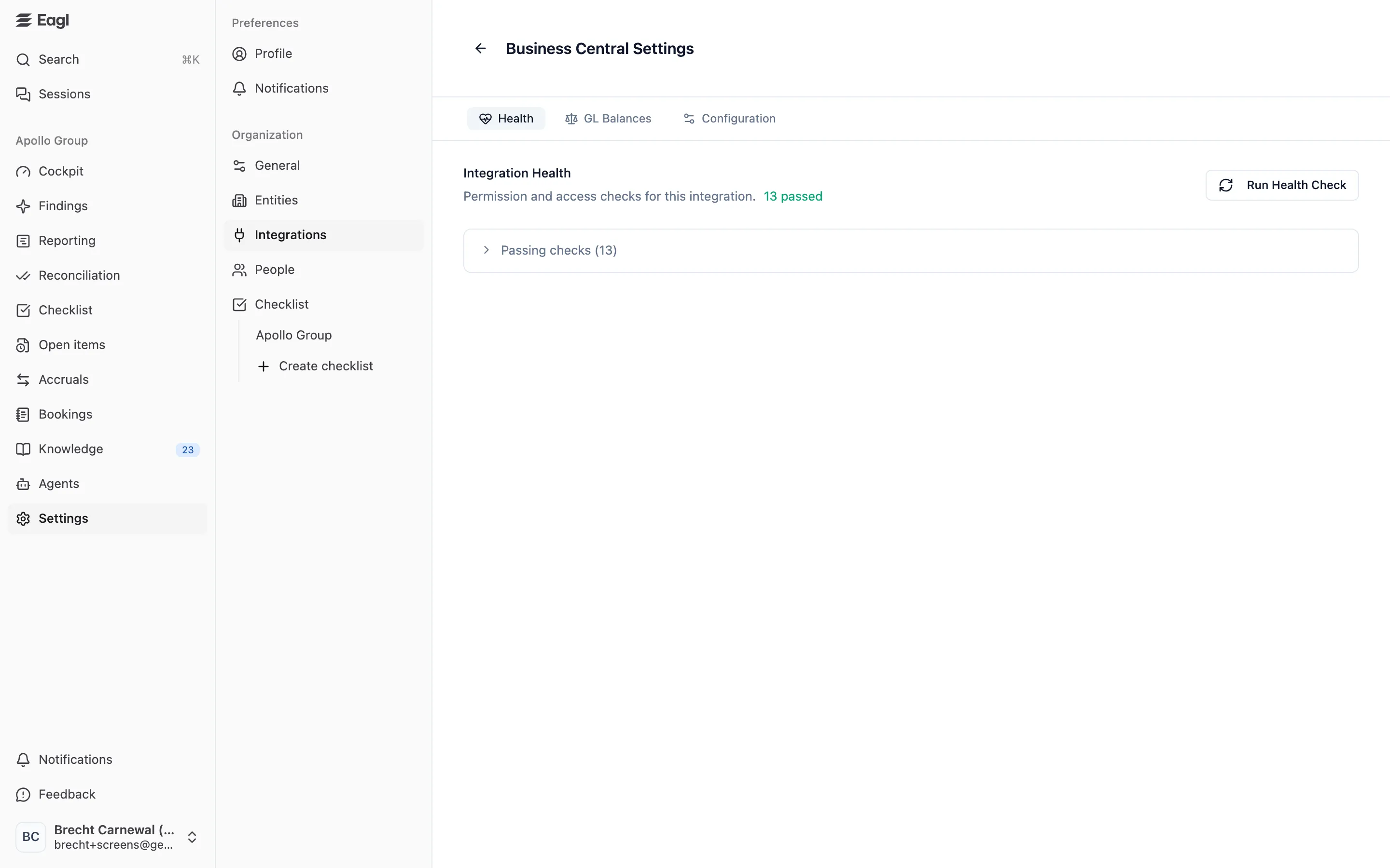 A Business Central integration's settings page on the Health tab, with the passed checks count and Run Health Check.