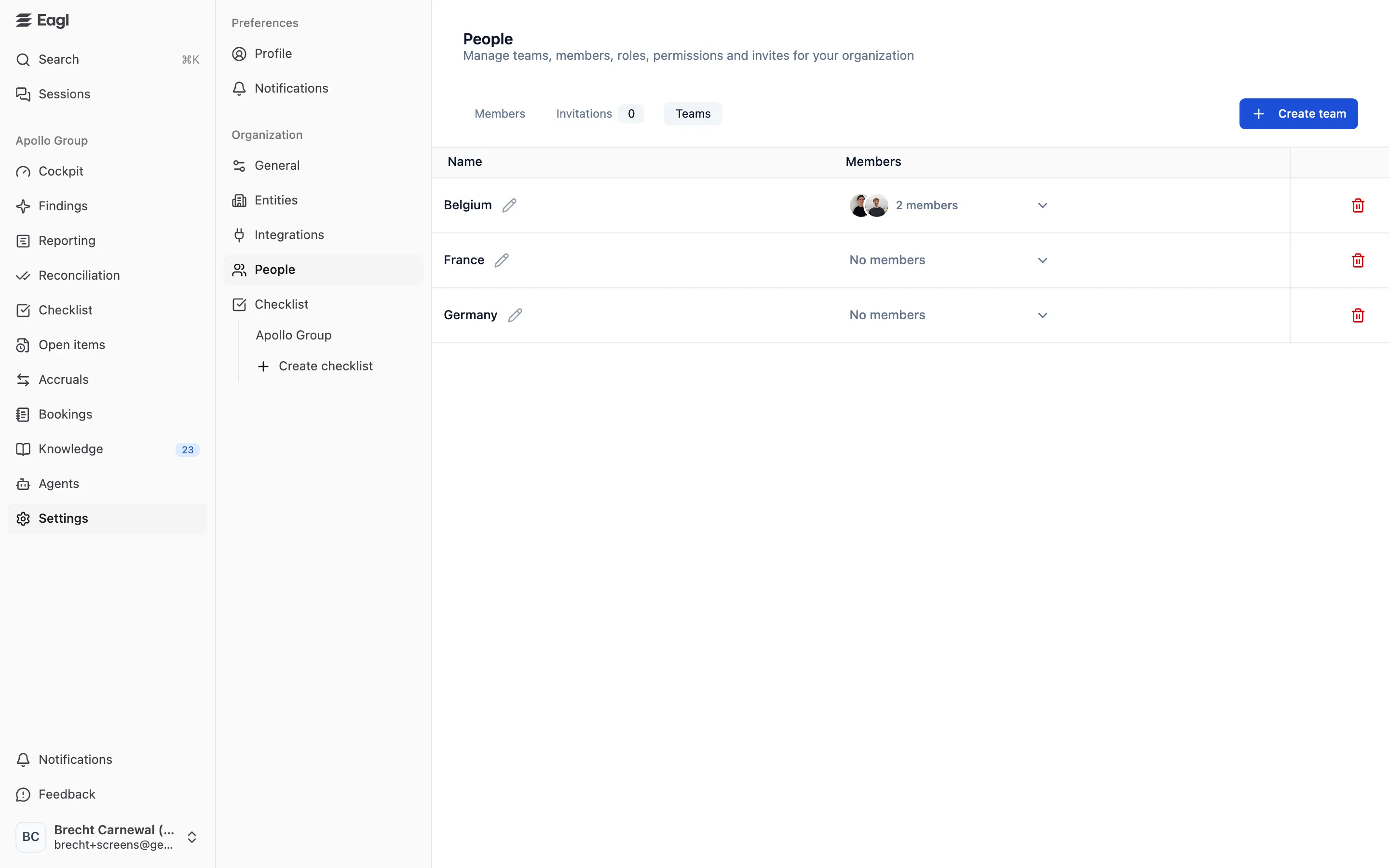 Settings → People, Teams tab: teams with their members and the Create team button.