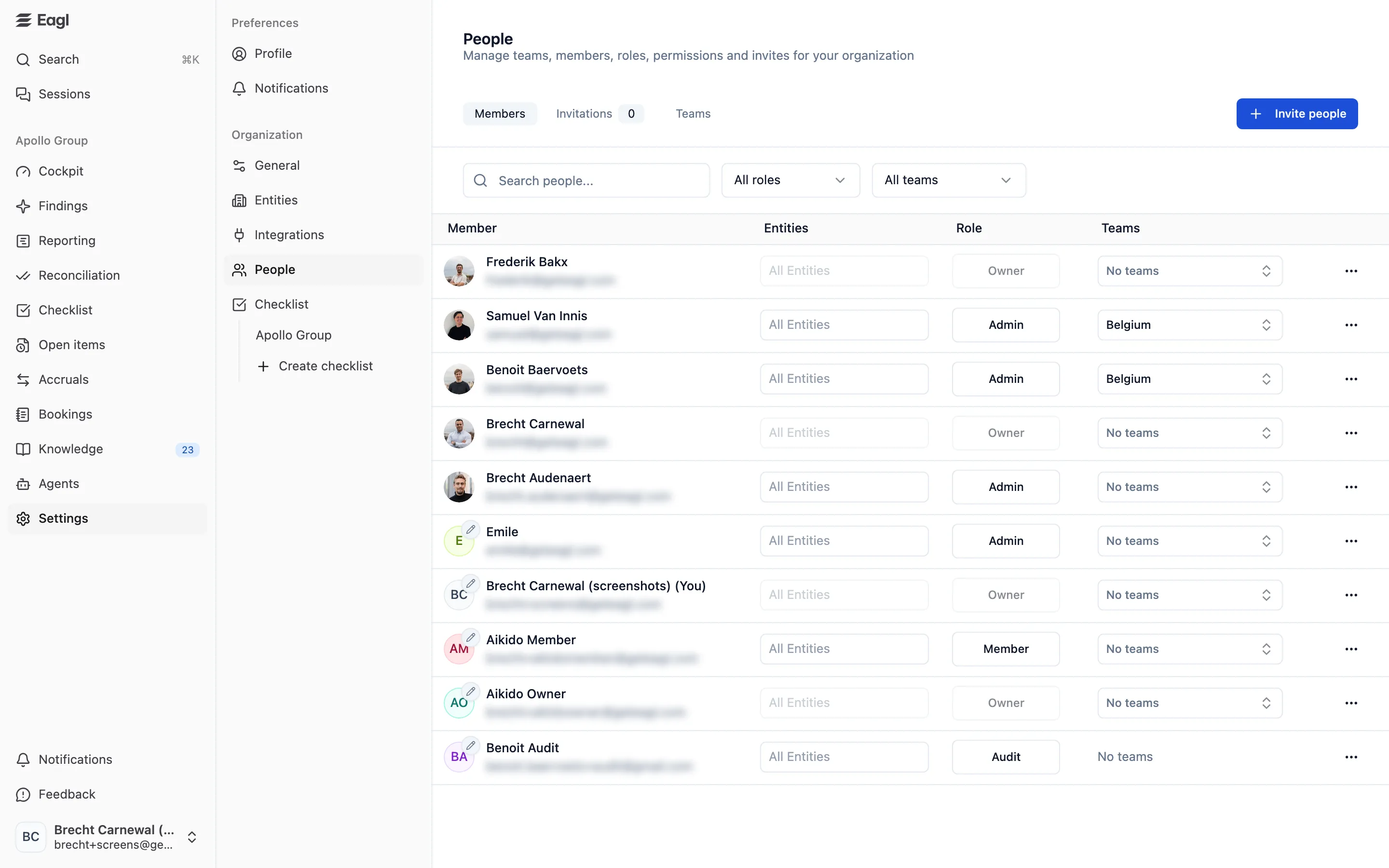 Settings → People, Members tab: each member's entity access, role, and teams, with email addresses blurred.